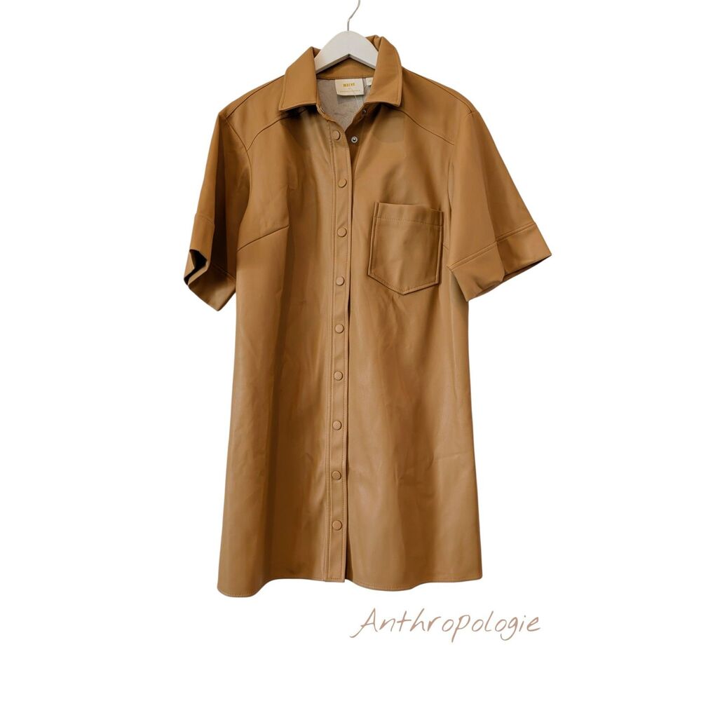 NWT  Maeve By Anthropologie Faux Leather Mini Camel Shirt Dress  Sz M
